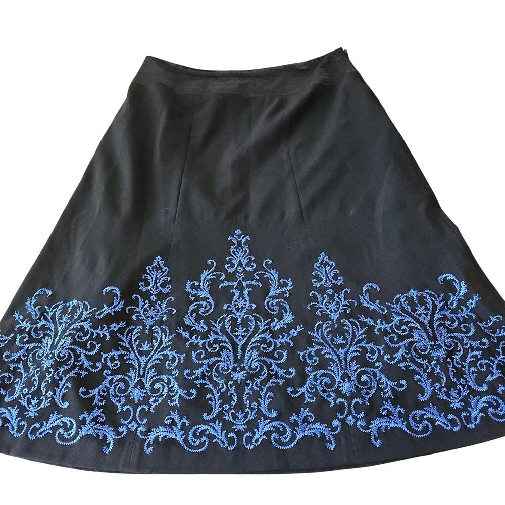 Black Royal Blue Midi Embroidered Silkland A-Line Skirt Size 8 Medium - Picture 3 of 7